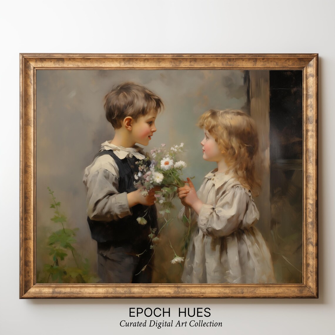 Boy Giving Girl Wildflowers Rustic Doorway Vintage Painting Wall Art - Image 3