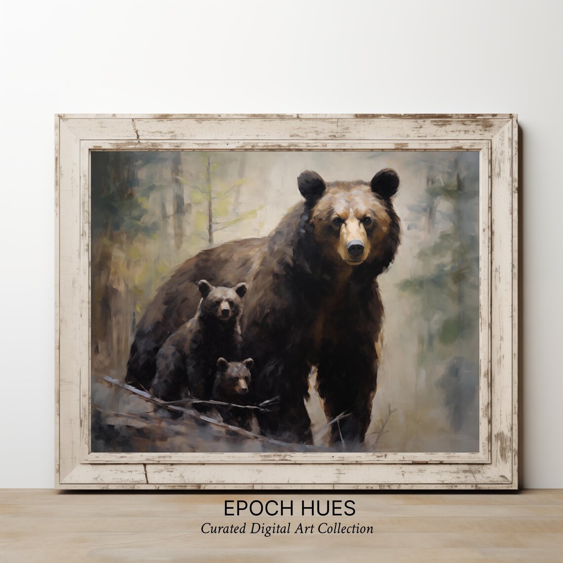 Mother Bear with Two Cubs Misty Forest Wildlife Painting Poster - Image 2