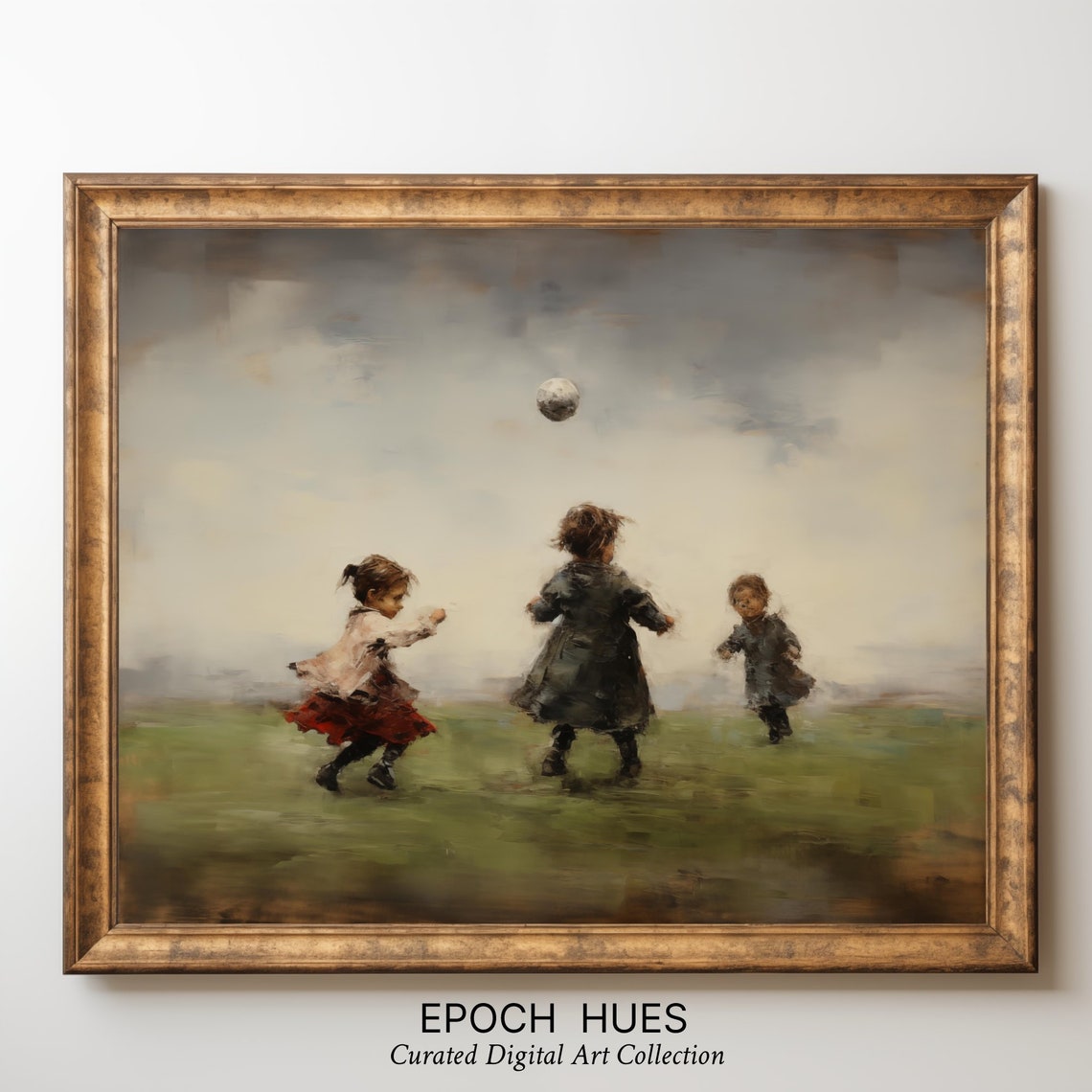 Three Children Playing Ball in Open Field Impressionist Poster - Image 3