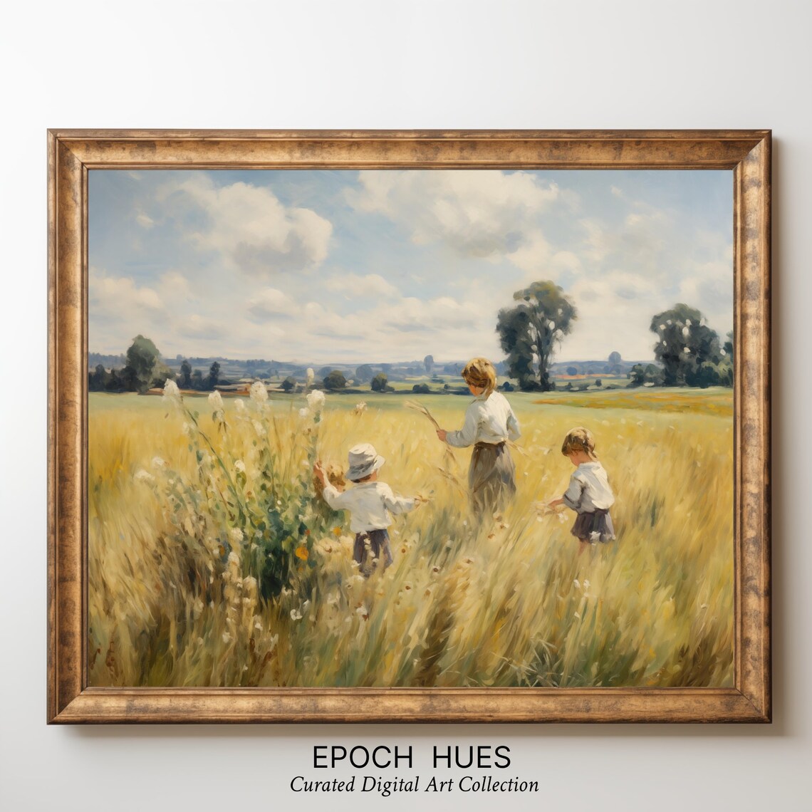 Mother and Children Picking Wildflowers in Wheat Field Poster