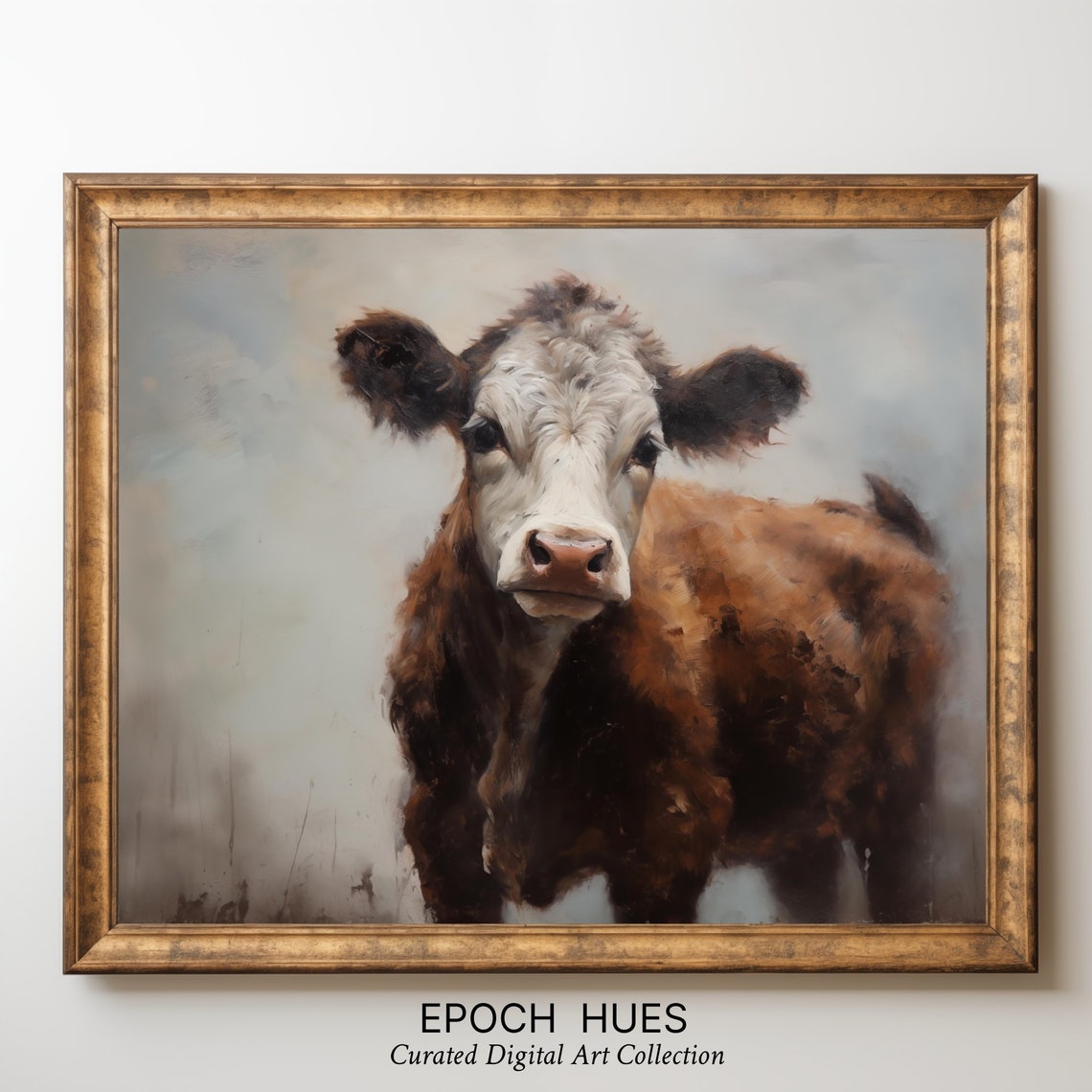 Brown and White Cow Portrait Rustic Farmhouse Cattle Art Poster