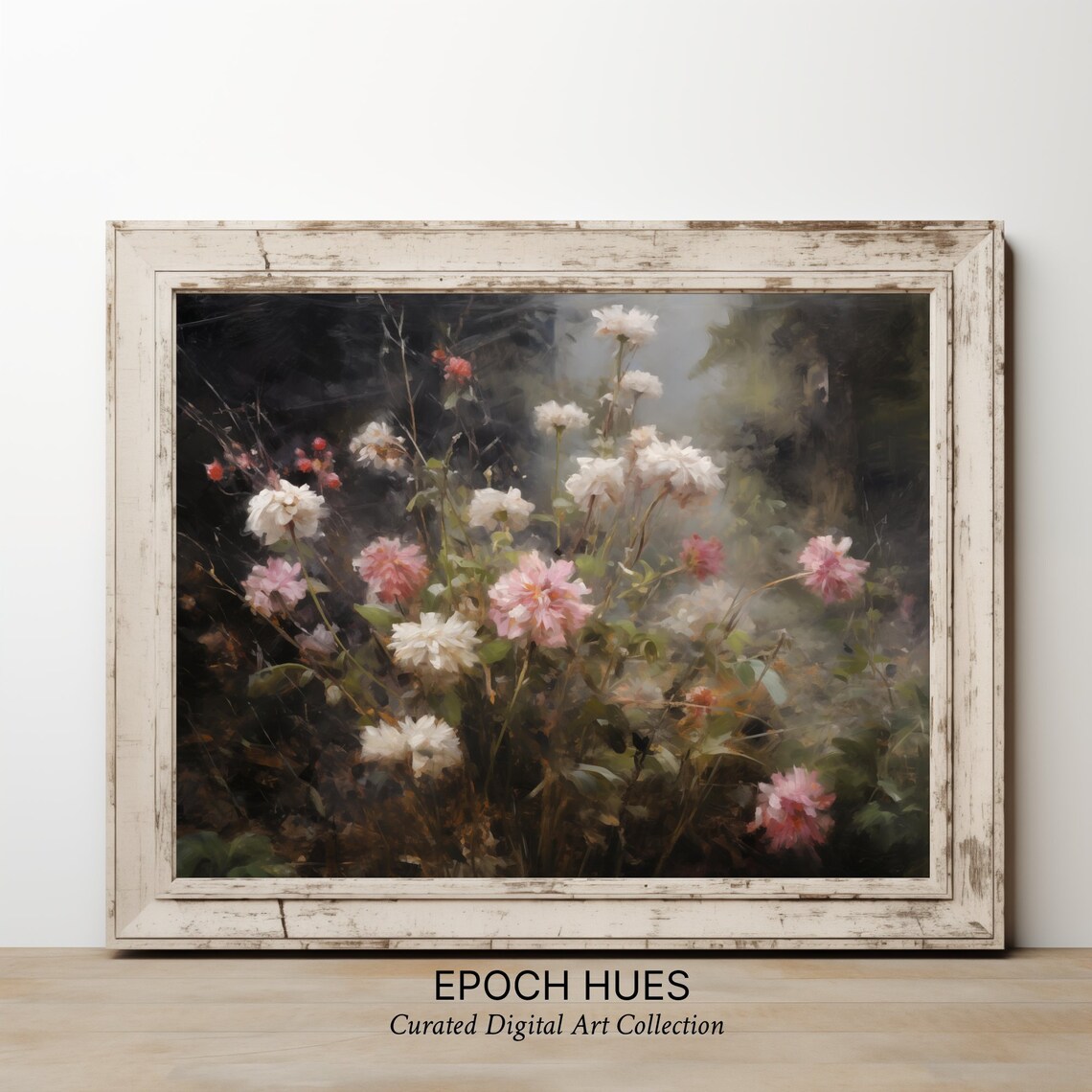 White and Pink Dahlias in Misty Dark Garden Floral Painting Poster - Image 3