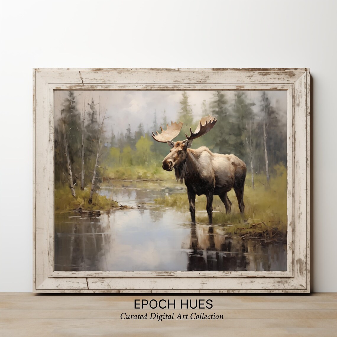 Bull Moose with Antlers Wading Forest Pond Wildlife Painting Poster - Image 2