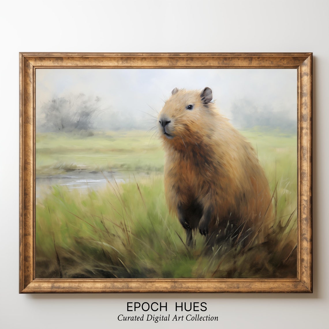 Capybara Standing in Marsh Grass Soft Pastel Wildlife Poster - Image 3