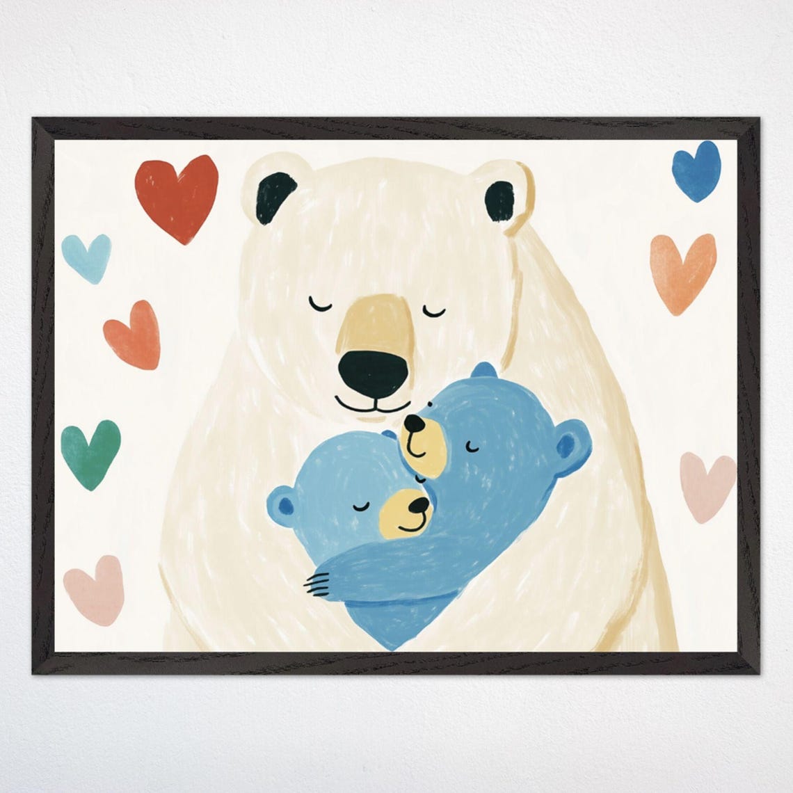 White Bear Mama Hugging Blue Cub With Colorful Hearts Nursery Poster