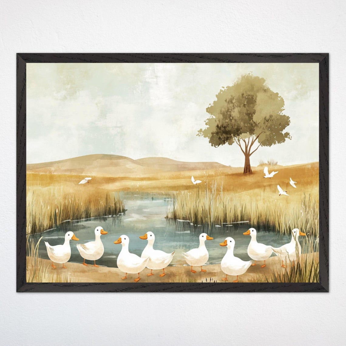 White Ducks Waddling Along A Peaceful Pond Watercolor Poster