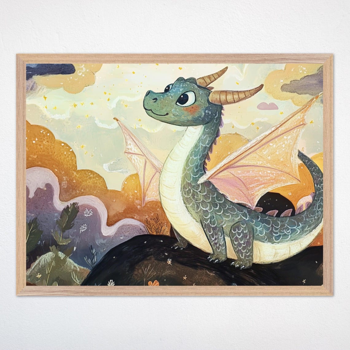 Teal Baby Dragon With Wings At Sunset In A Starry Sky Poster