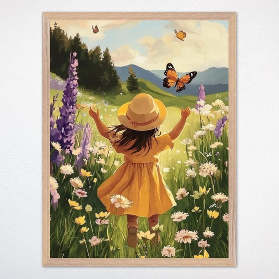 Girl With Butterflies Art Print Prairie Meadow Rustic Nursery Decor