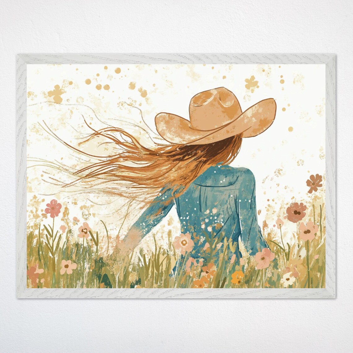 Wildflower Meadow Cowgirl with Windblown Hair Western Art Poster