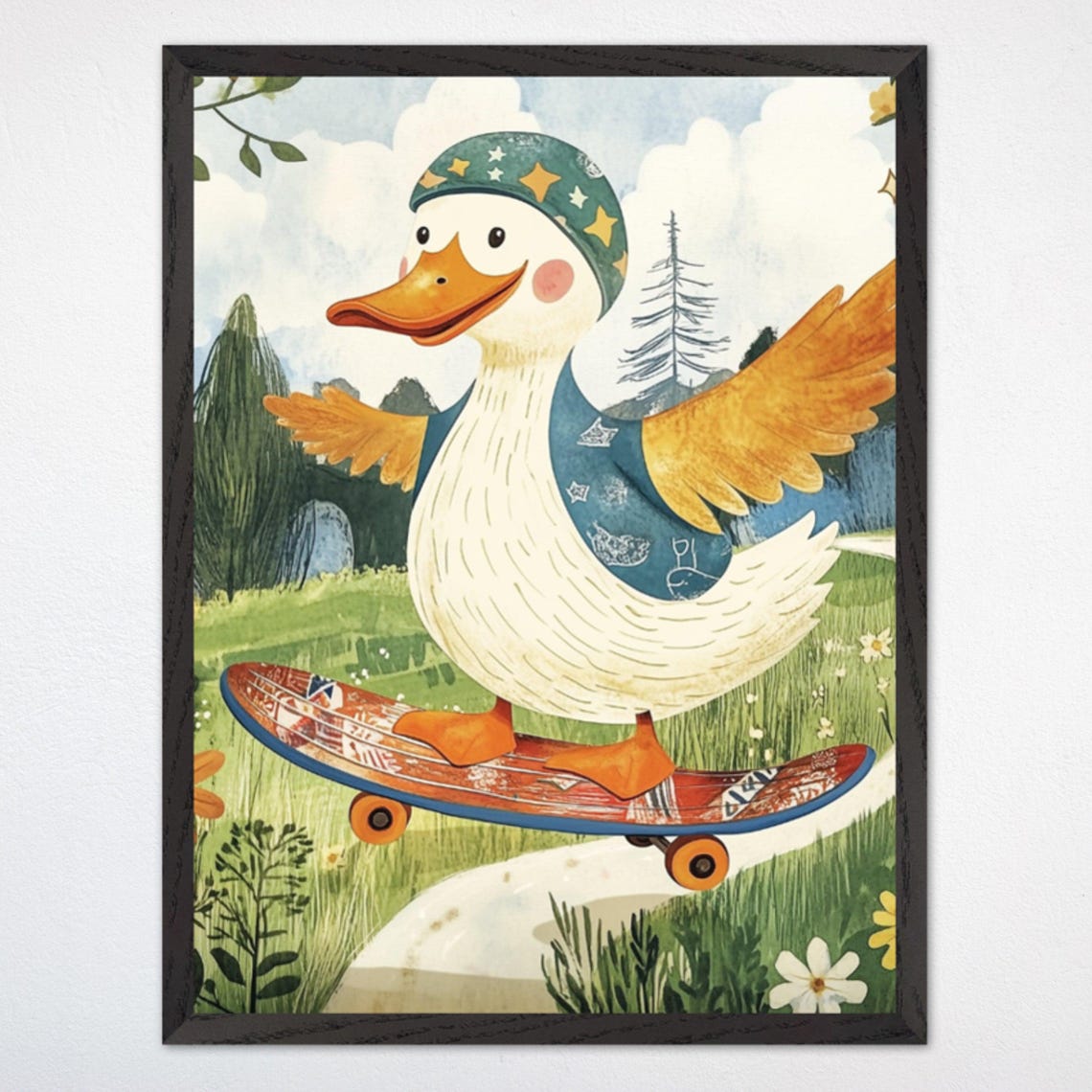 Skateboarding Duck in a Star Helmet Riding Down a Trail Poster