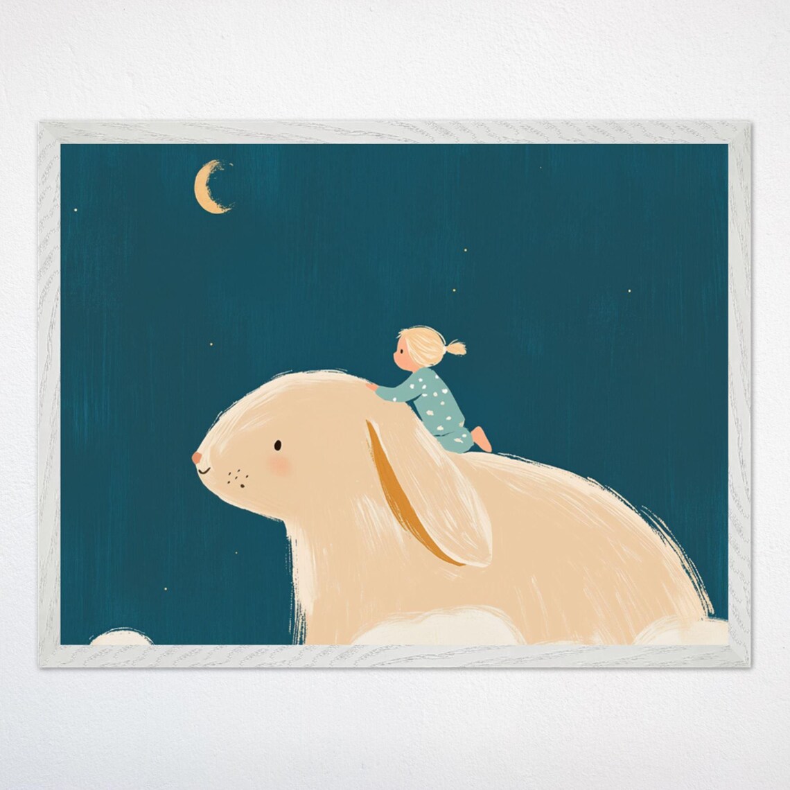 Little Girl Riding Giant Bunny Under Starry Night Sky Poster