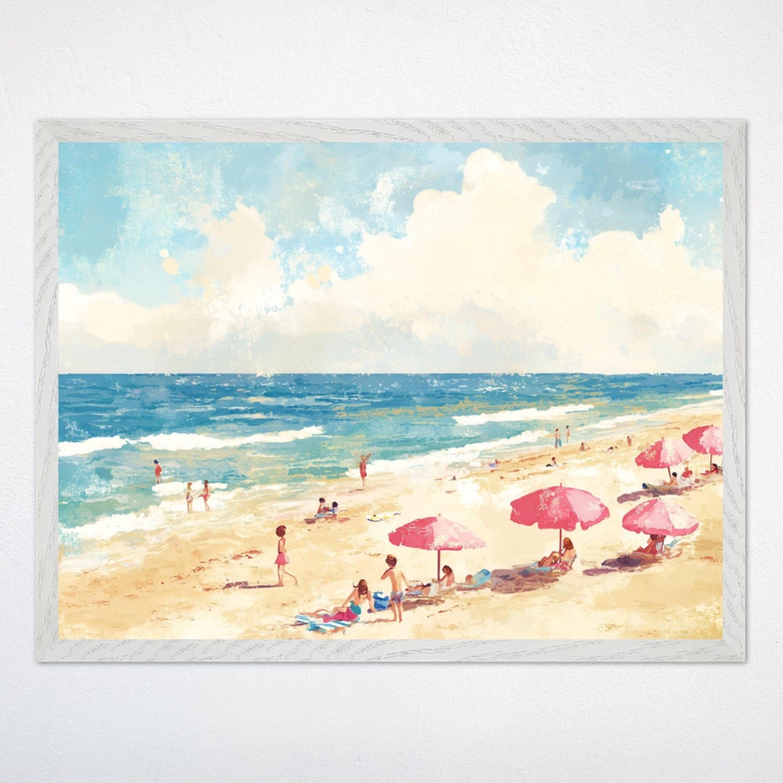 Sunny Beach Day With Pink Umbrellas Watercolor Coastal Poster