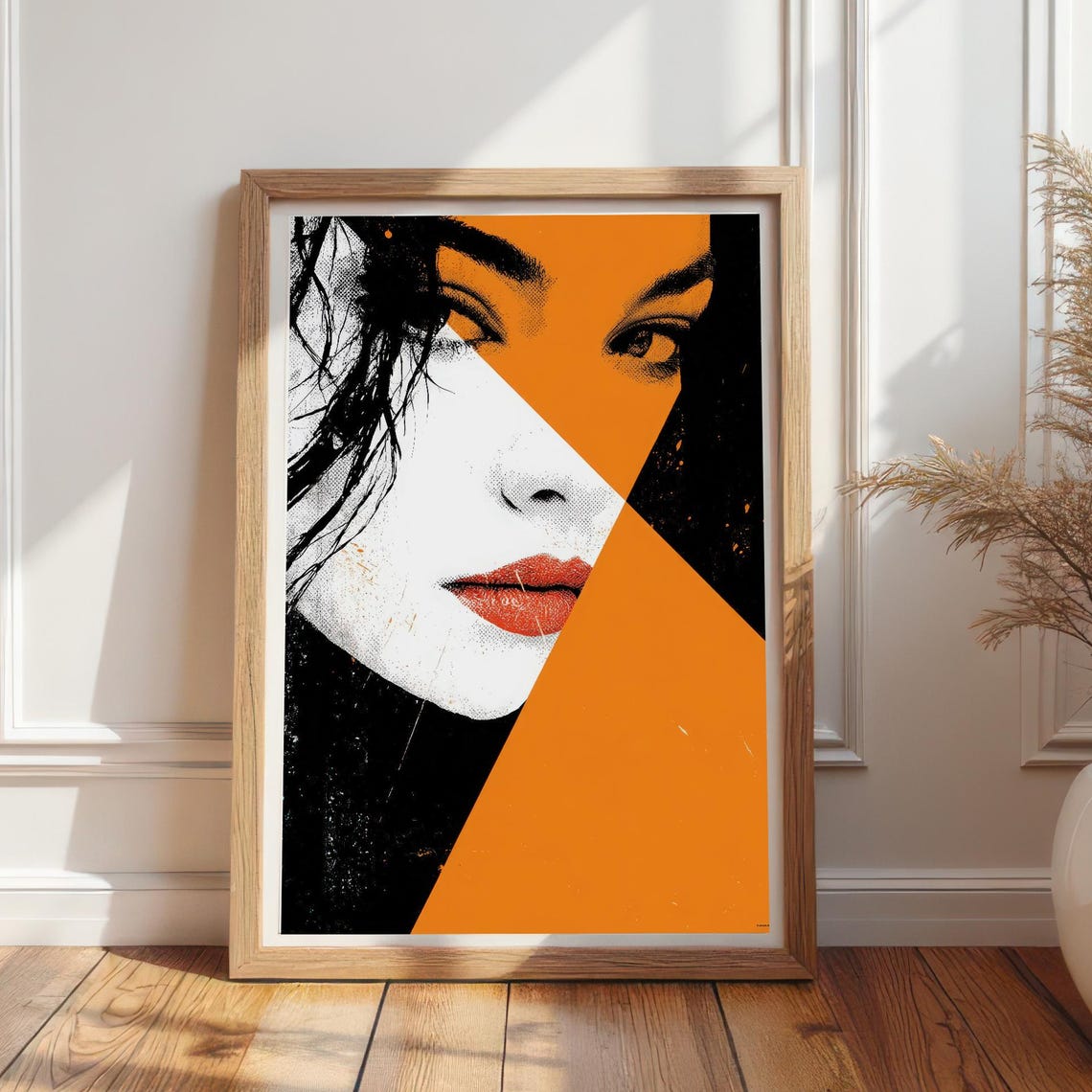 Diagonal Orange Split Woman Face Pop Art Modern Portrait Poster