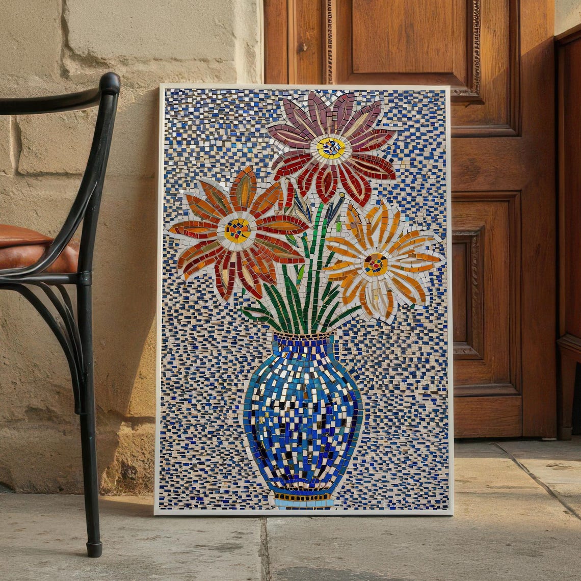 Colorful Mosaic Flower Vase Daisies Mediterranean Tile Poster