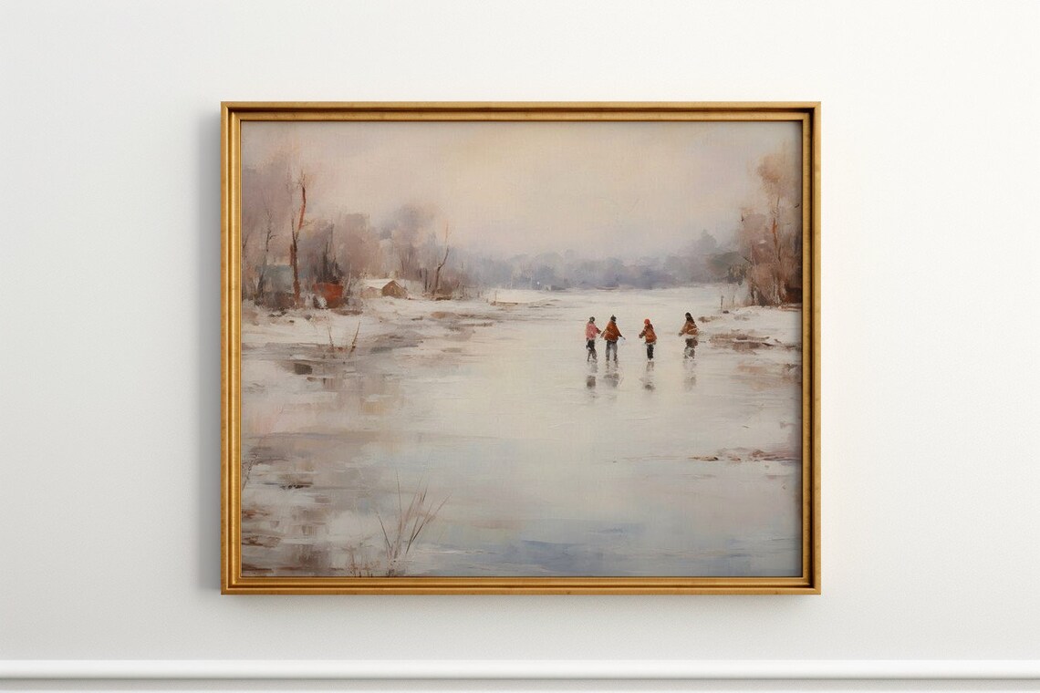 Winter's Delicate Dance Ice Skaters on the Frozen Pond Poster - Image 4