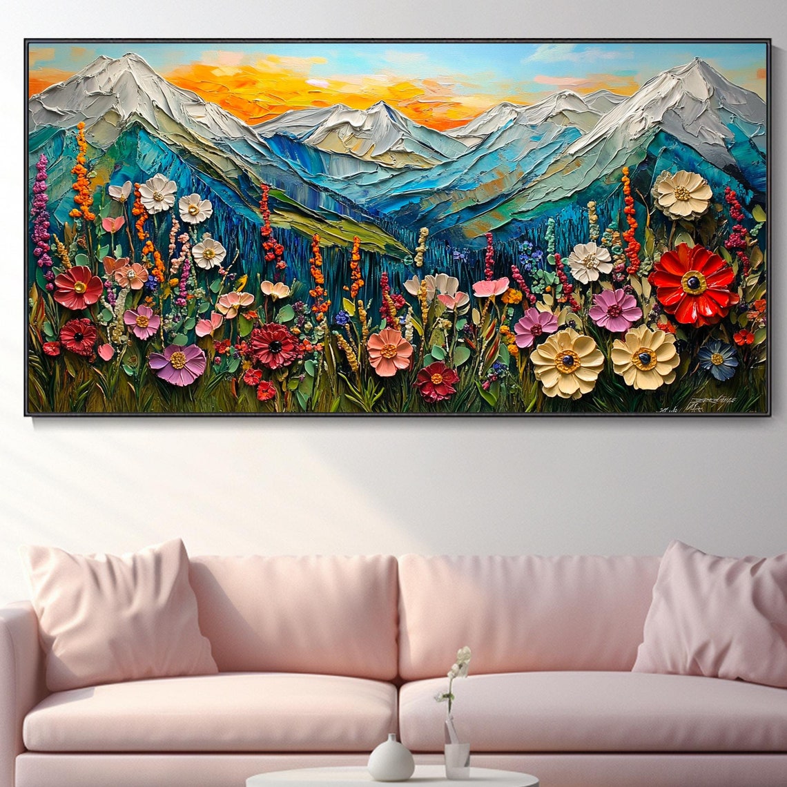 Mountain Valley Wildflowers With Snowy Peaks Sunset Glow Poster