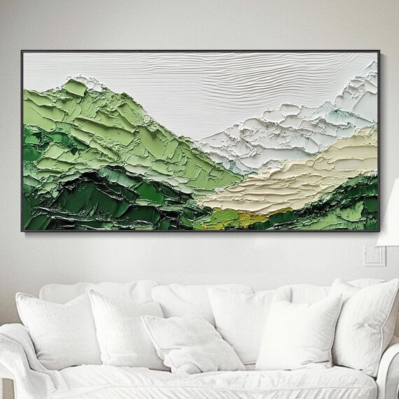 Original Clay Texture Mountain Mural 3d Knife Painting Effect Living Room Modern Decor Wabi Sabi Style Abstract Art Boho Vibe Green Large