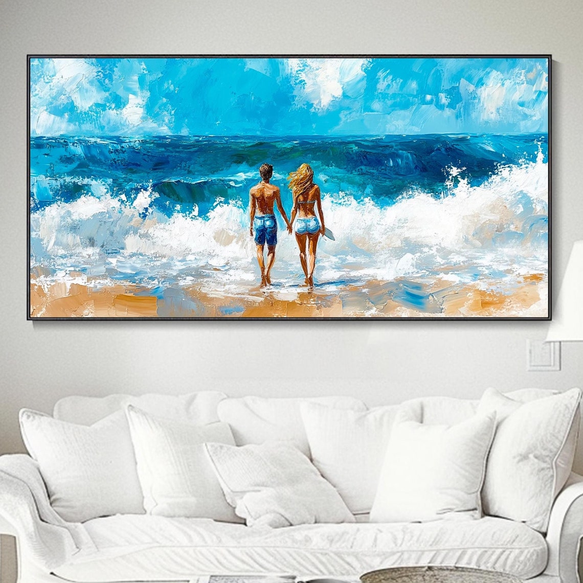 Romantic Couple Holding Hands Walking Into Ocean Waves Beach Poster