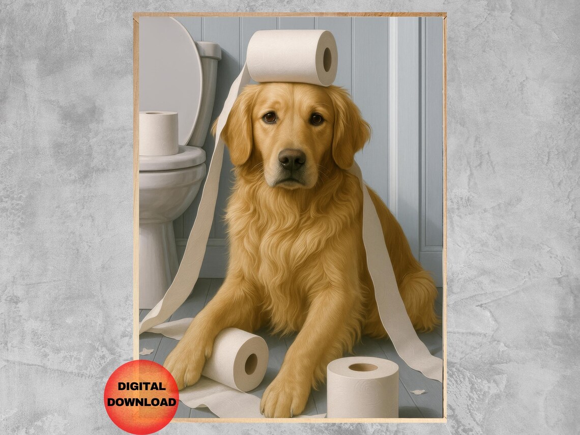 Golden Retriever Funny Bathroom Dog Poster, Pet Humor