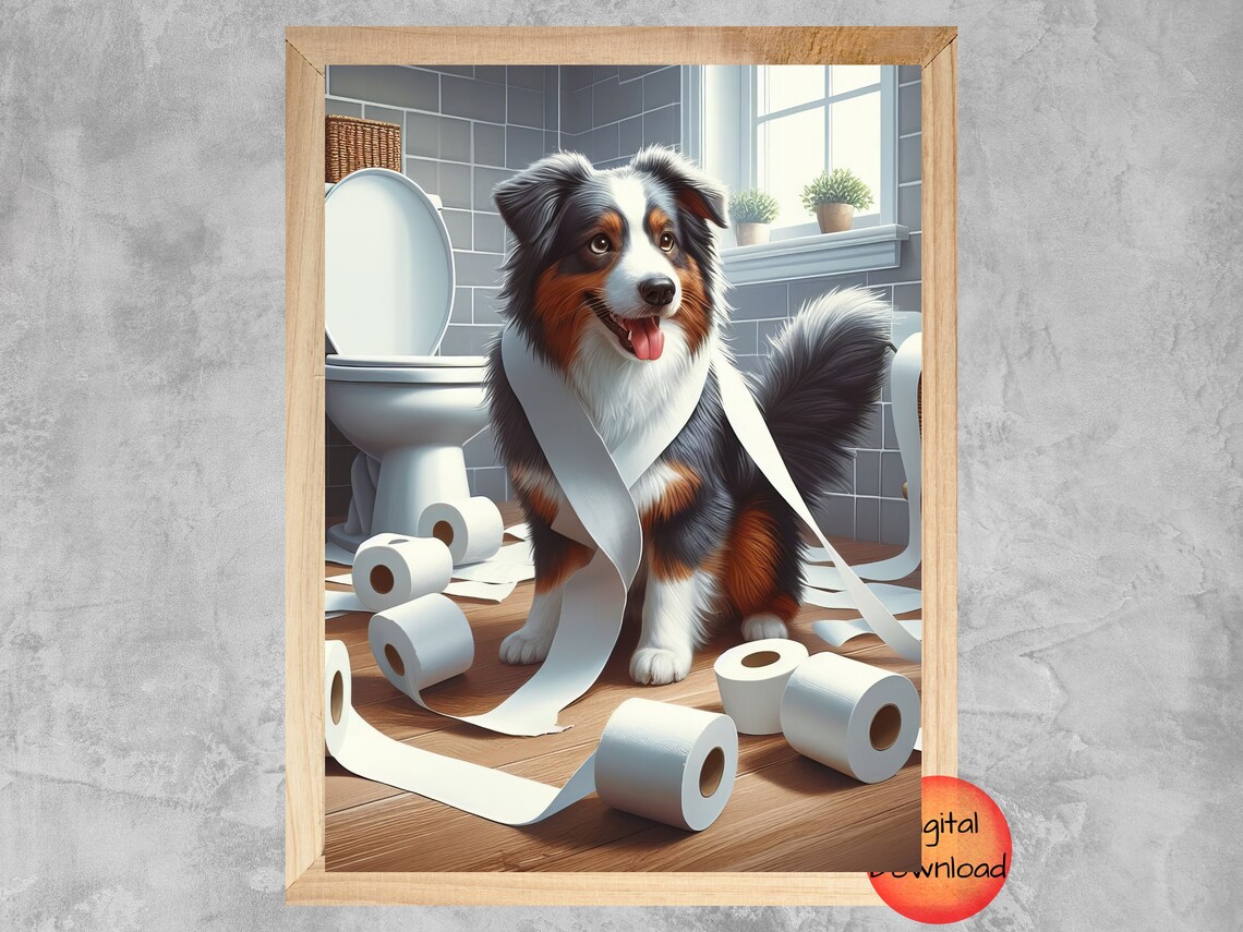 Australian Shepherd Toilet Humor, Kids Bathroom Art Print