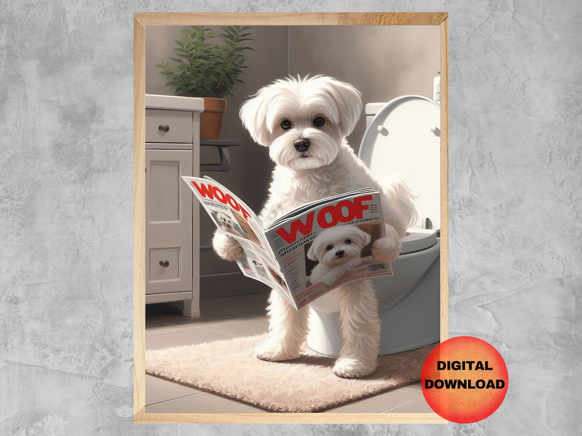 Maltese Dog On Toilet Funny Bathroom Art Print