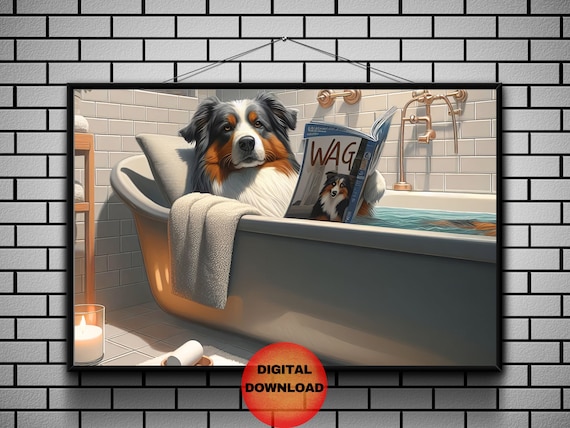Australian Shepherd Bathroom Print Funny Aussie Bathtub Poster Downstairs Toilet Wall Art Dog Humor Mom Gift