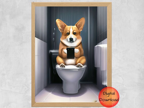 Cute Corgi Toilet Print Dog On With Phone Funny Bathroom Art Gift For Lovers Whimsical Pet Decor