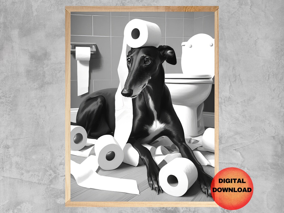 Black Greyhound Bathroom Art Print, Funny Dog Whimsy