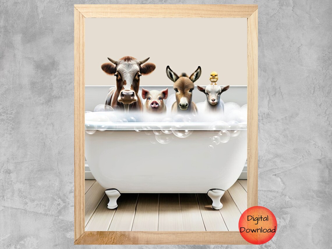 Farm Animals Bathroom Wall Art, Whimsy Nursery Art Print