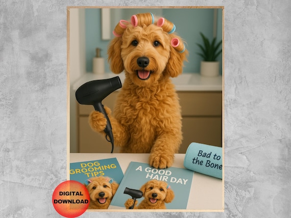 Goldendoodle Bathroom Wall Art Funny Dog Grooming Decor Doodle Hair Dryer And Curlers Spa Day Print Whimsy Lover Gift