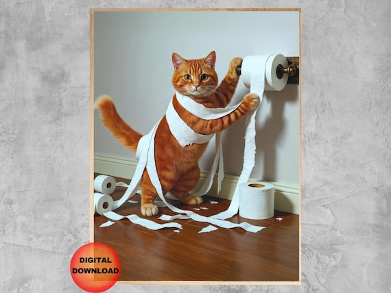 Red Tabby Cat Toilet Paper Print Funny Bathroom Wall Art In Poster For Lovers Pet Humor