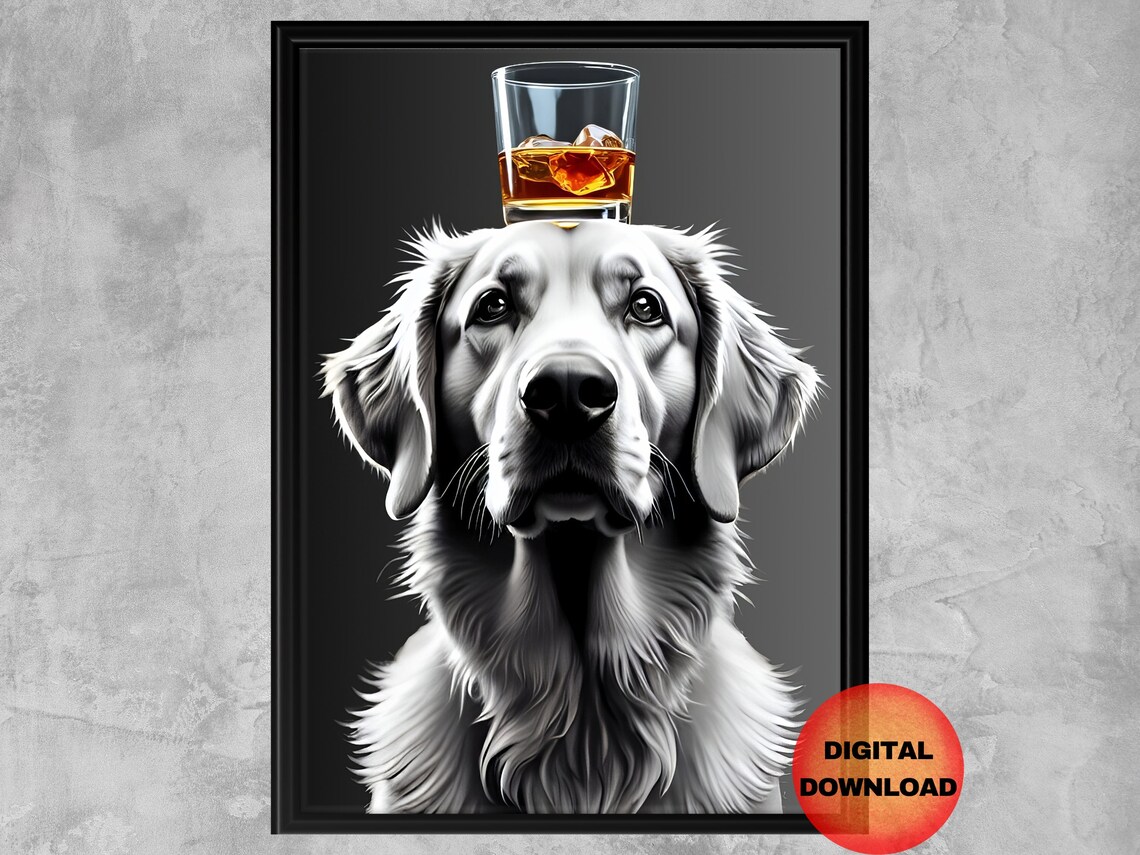 Golden Retriever Whiskey Glass Poster, Funny Dog Art Print