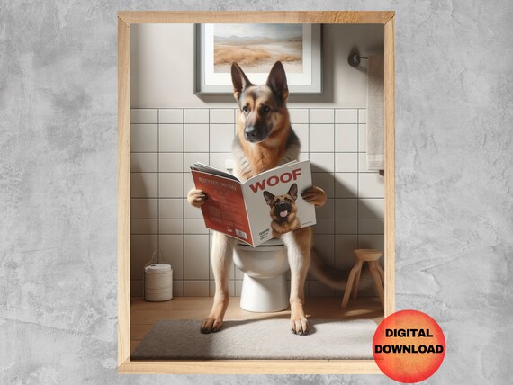 Funny German Shepherd Toilet Poster Bathroom Wall Art Whimsical Animal Bath Picture Humor Print