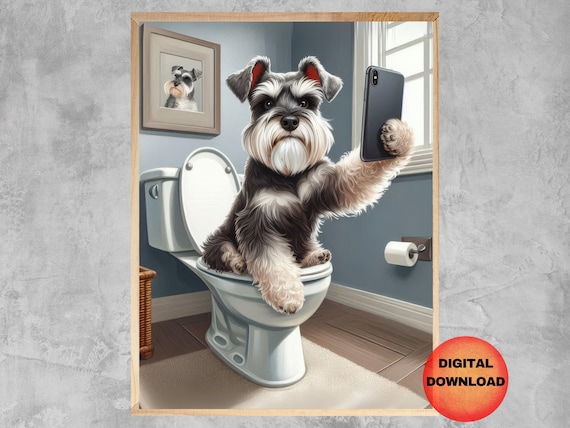 Schnauzer Selfie On Toilet Print Funny Mini Phone Bathroom Wall Art Miniature Mobile Dog Lover Gift