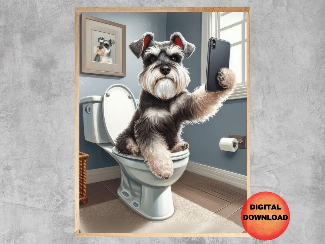 Funny Miniature Schnauzer Dog Toilet Selfie Bathroom Wall Art