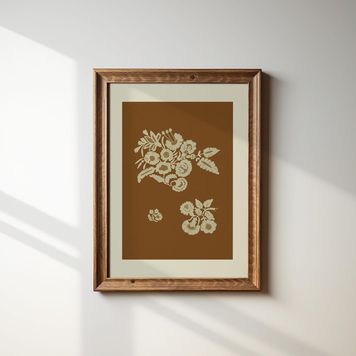 Vintage Lace-Style White Floral Sprigs On Rust Brown Botanical Poster