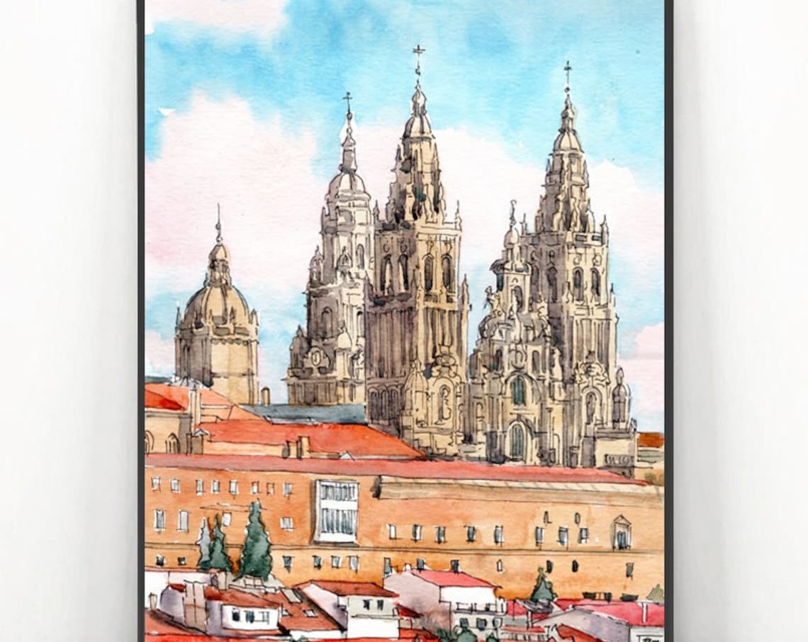 Camino De Santiago Watercolor Painting, Travel Poster
