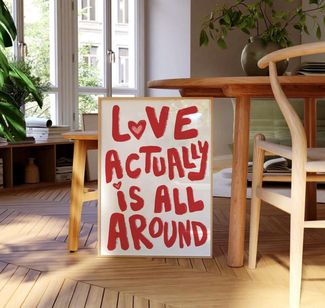 Love Actually Is All Around Red Typography Romantic Quote Poster