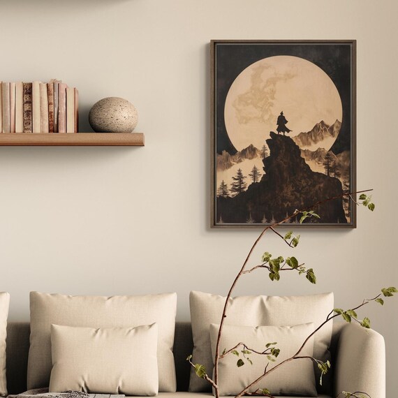 Mountain Wall Art With Moonlit Landscape Rustic Print In Pine Wood Frame Adventure Inspired Forest Decor For Nature Lovers