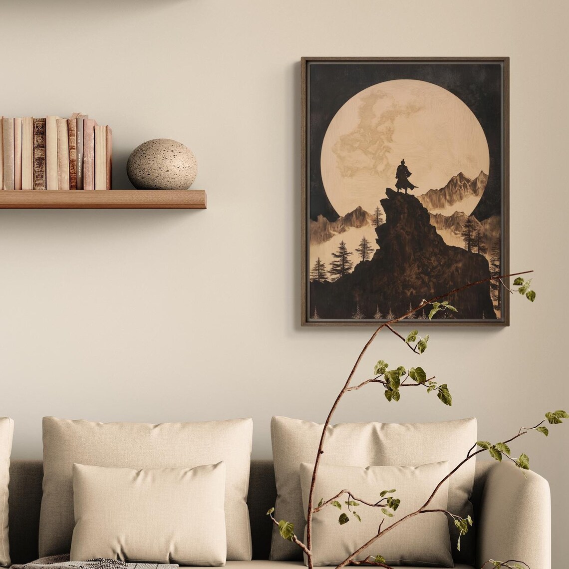Mountain Wall Art With Moonlit Landscape Rustic Print In Pine Wood Frame Adventure Inspired Forest Decor For Nature Lovers
