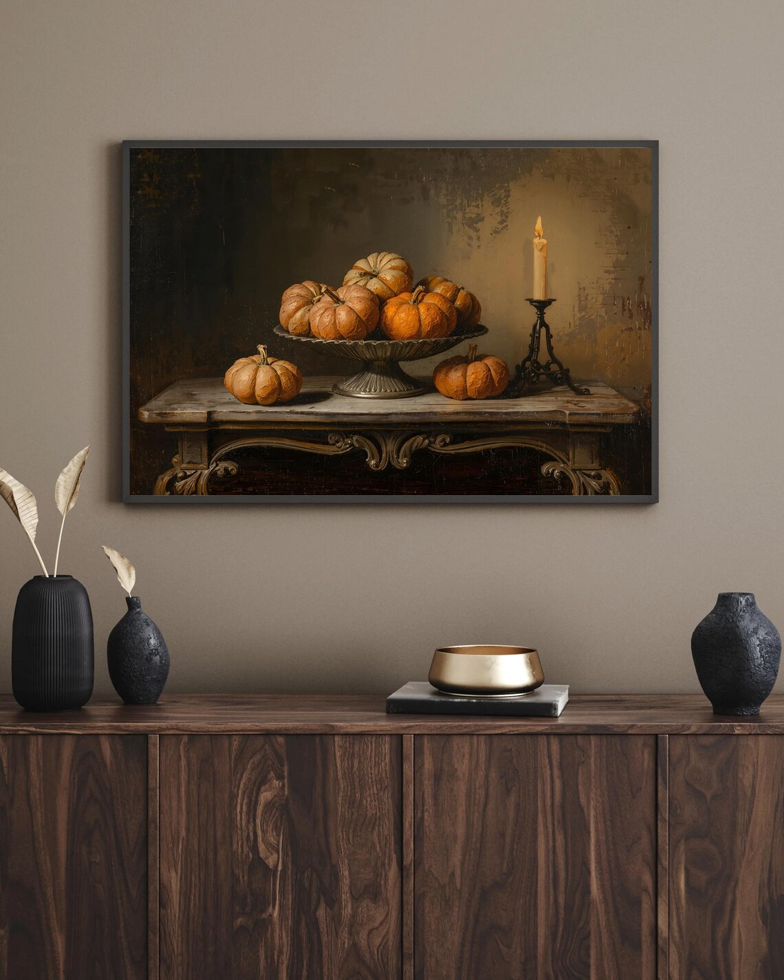Pumpkins and Candle Still Life Dark Moody Autumn Oil Painting Poster