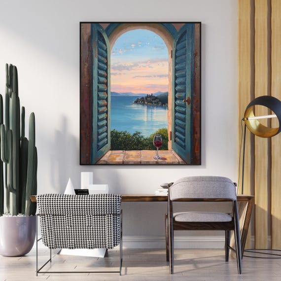 Mediterranean Sunset Through Blue Shutters Wine Glass Poster Art