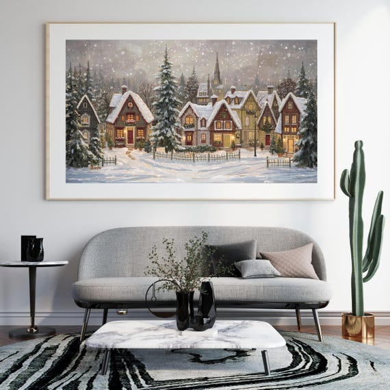 Cozy Snowy Village Winter Scene Lit Cottages Church Falling Snow Poster