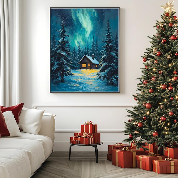 Northern Lights Cabin Cozy Winter Night Aurora Borealis Forest Poster