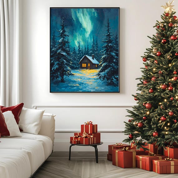 Northern Lights Cabin Print Cozy Winter Wall Art Snowy Forest Painting Aurora Borealis Landscape