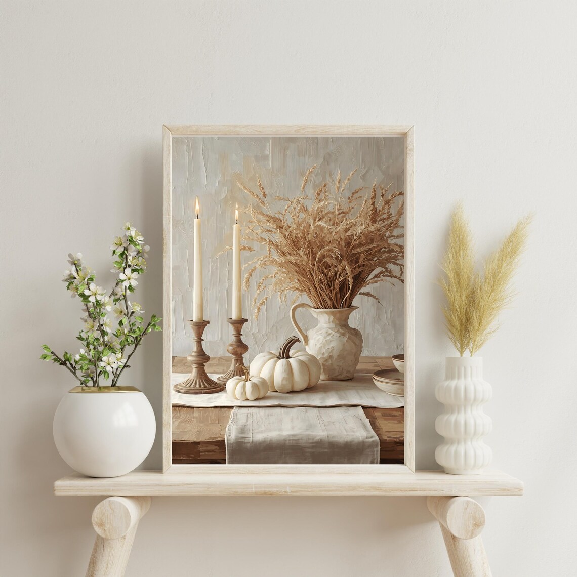 Neutral Fall Table Art Print, White Pumpkin Decor