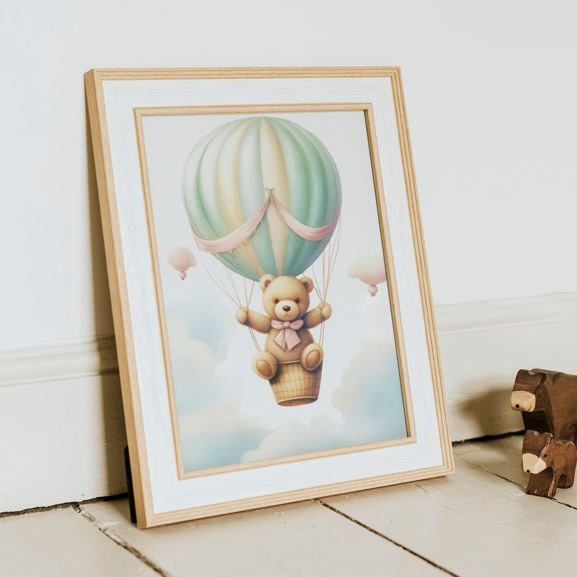 Teddy Bear Hot Air Balloon Pastel Mint Clouds Nursery Poster - Image 2