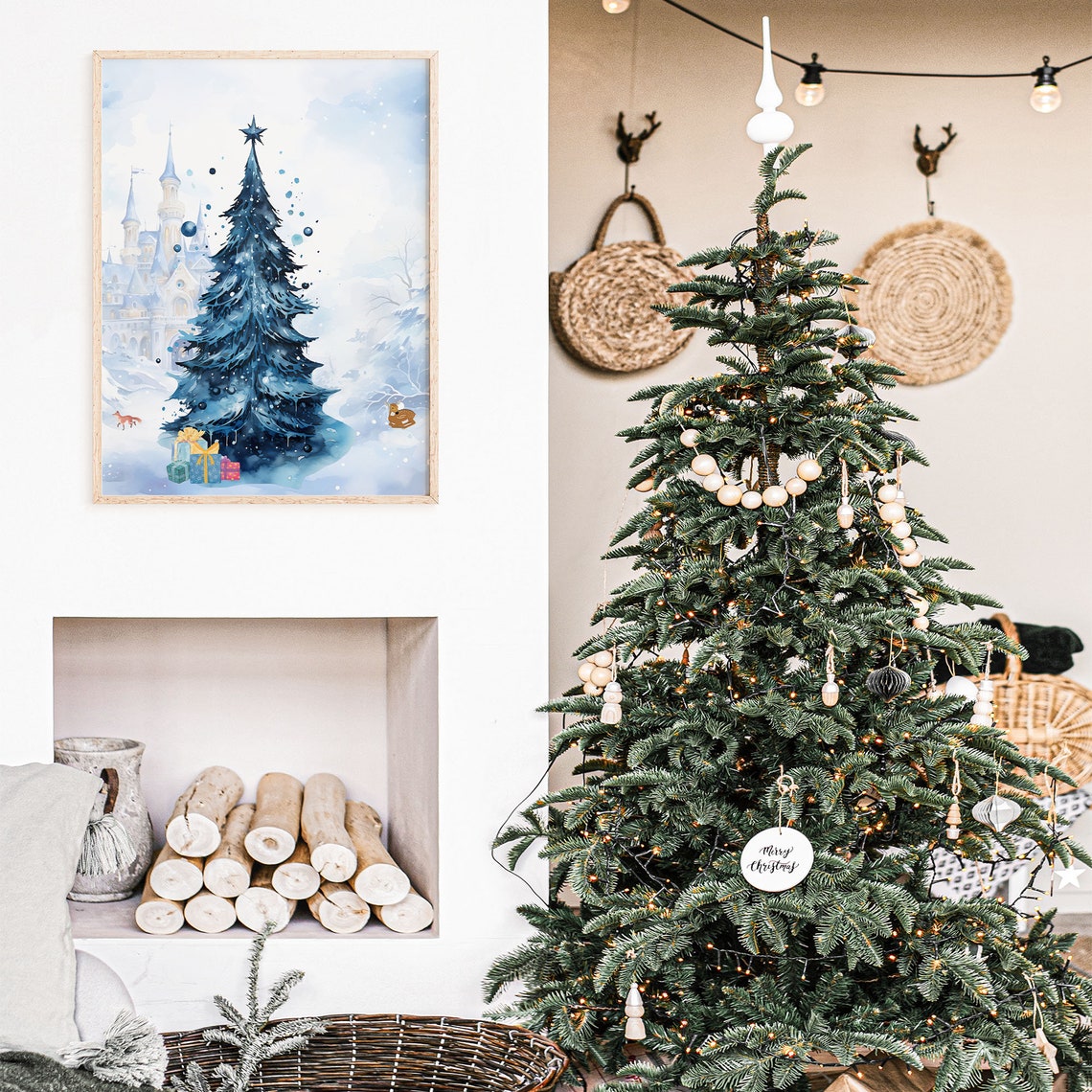 Blue Watercolor Christmas Tree Fairy Tale Castle Snowy Poster - Image 5