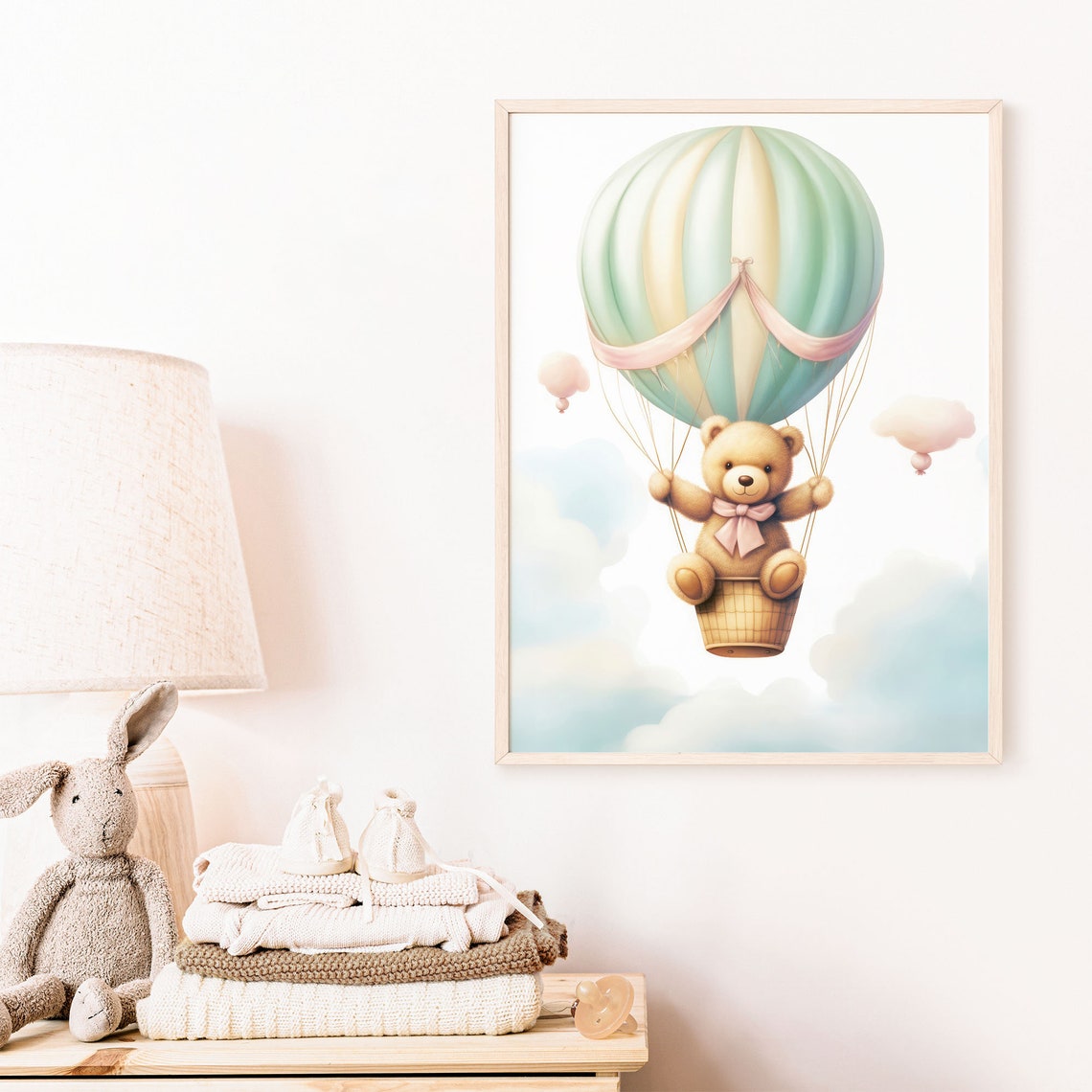 Teddy Bear Hot Air Balloon Pastel Mint Clouds Nursery Poster - Image 6