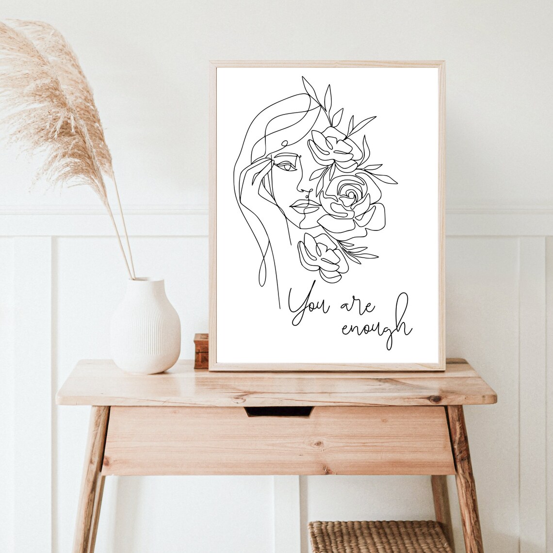 You Are Enough Floral Line Art Woman White Minimalist Poster - Image 5